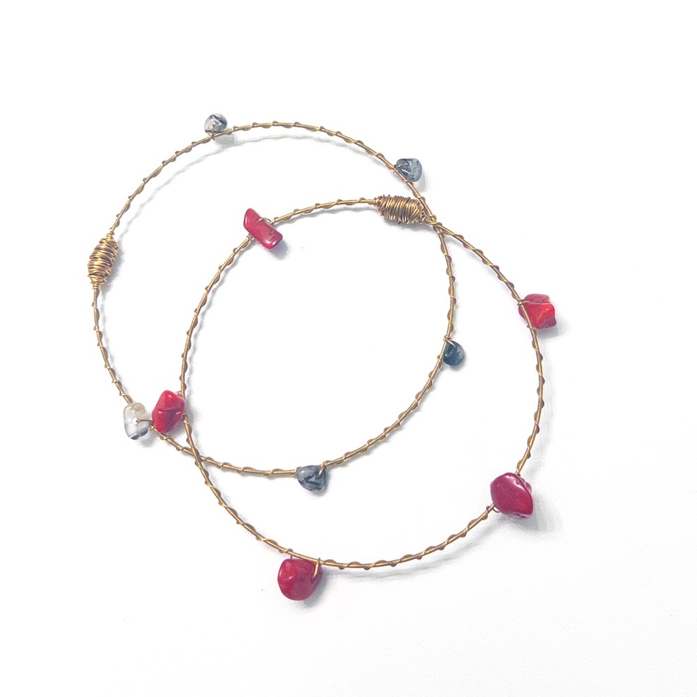 Restrung Guitar String Bangles with Natural Gemstone Nuggets Set of 2